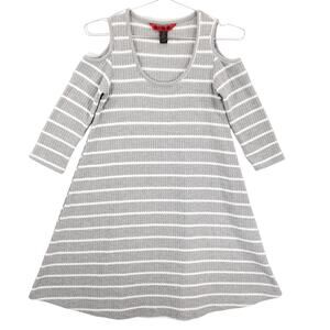 Hot Kiss Sweater Dress Womens Small Gray Striped Off The Shoulder Waffle Knit